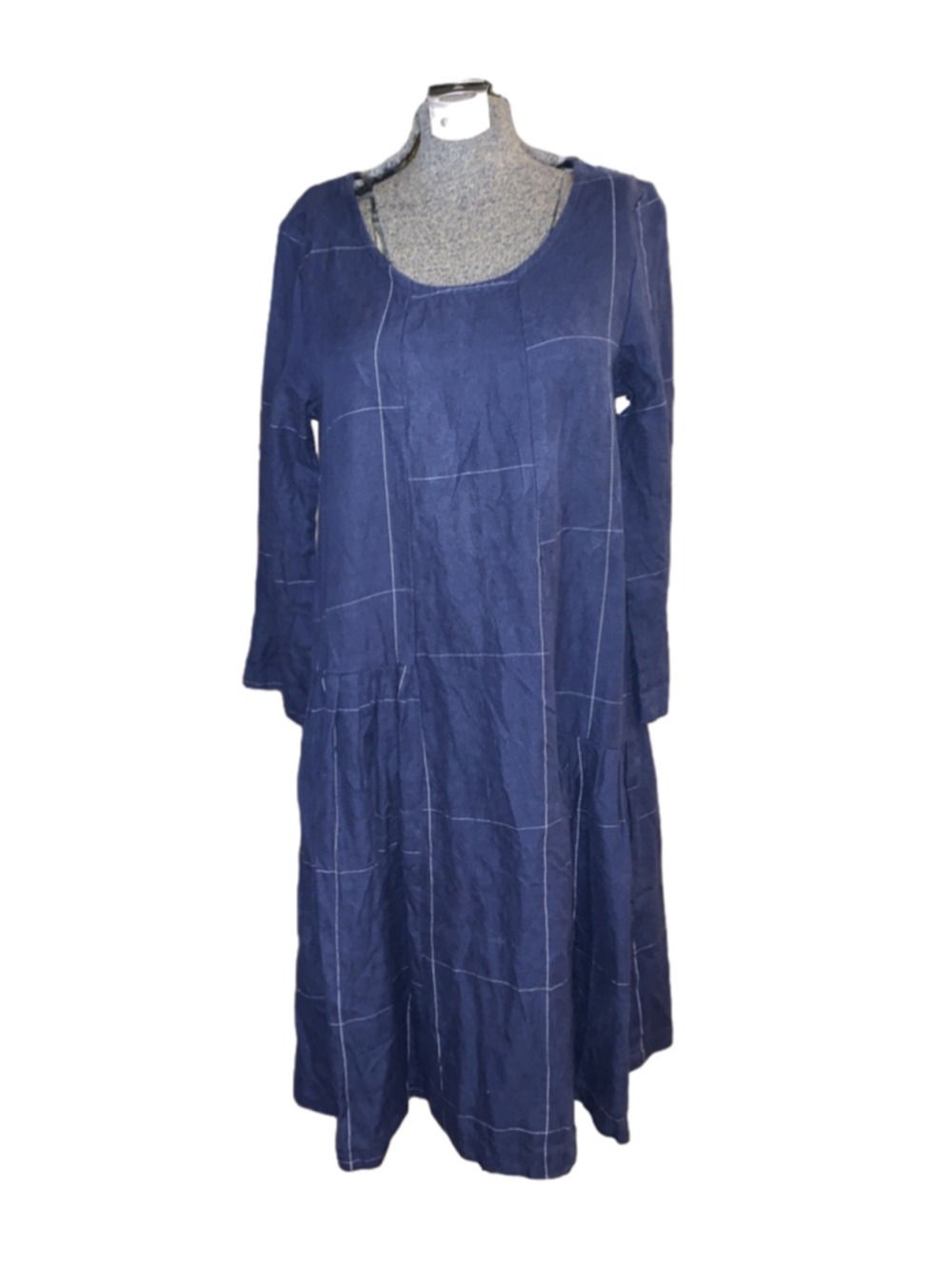 Women's KOKOMARINA Blue White Plaid 3/4 Sleeve Dress S